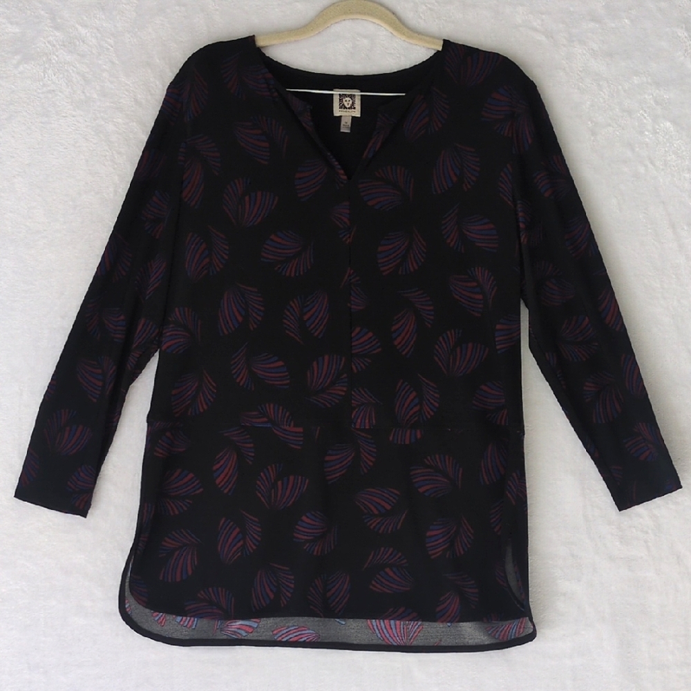 Anne Klein Womens Patterned 3/4 Sleeve Slit Neck Office Shirt Size‎ M